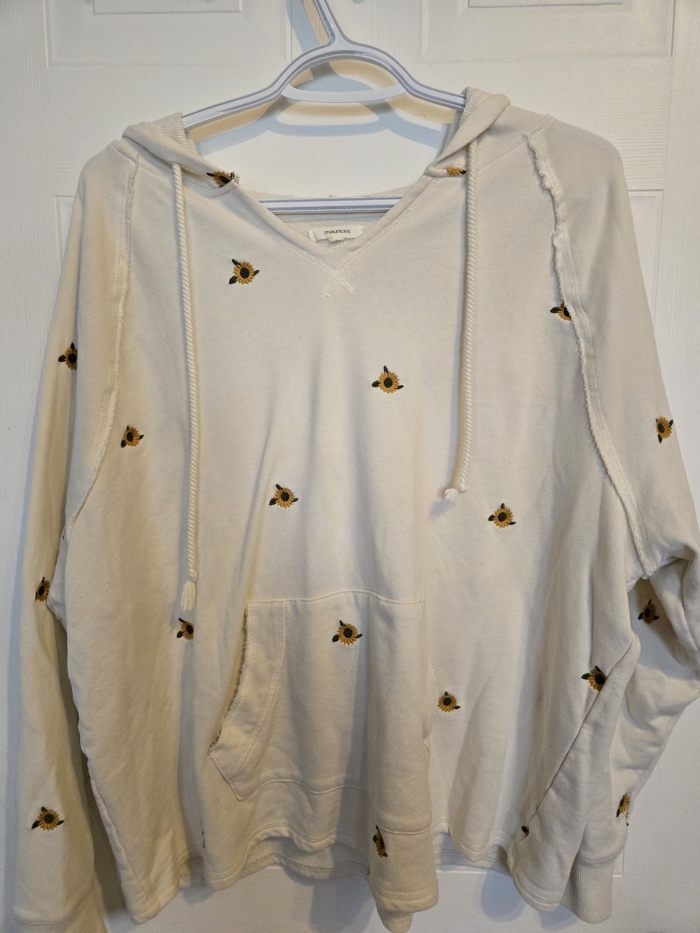 Maurices Cream Hoodie Sweater with Small Yellow Flower Embroidery